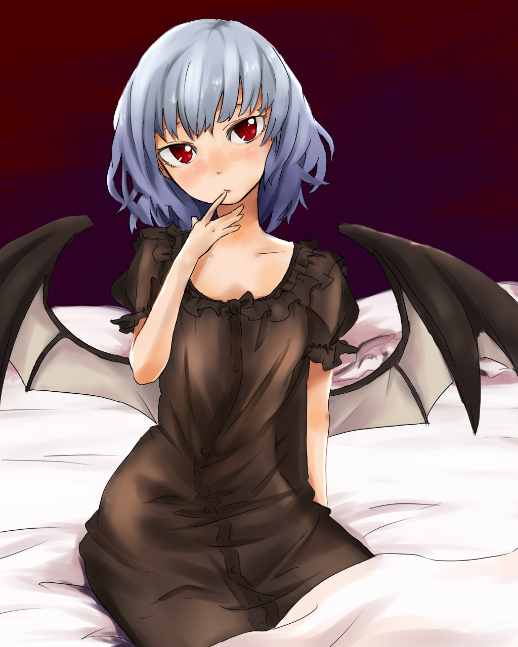 potionu, remilia scarlet, touhou, silver hair, bad id, bad pixiv id, highres, 1girl, bat wings, female focus, nightgown, red eyes, short hair, solo, wings