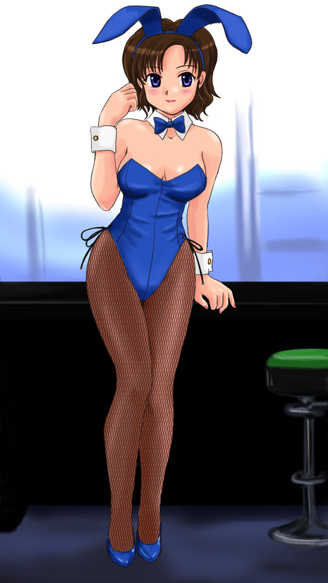ultramarine, highres, md5 mismatch, 1girl, animal ears, blue eyes, brown hair, fake animal ears, female focus, fishnet pantyhose, fishnets, pantyhose, playboy bunny, rabbit ears, short hair, solo, stool