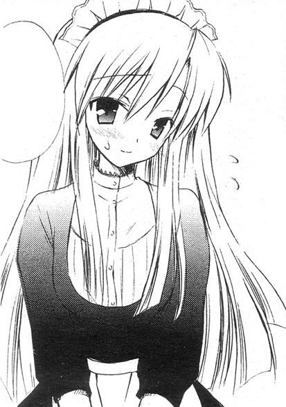 komiya yuuta, original, non-web source, 1girl, apron, blush, embarrassed, flying sweatdrops, frilled wrist cuffs, frills, garter straps, hair between eyes, head tilt, long hair, long sleeves, looking at viewer, maid, maid headdress, sawatari ranna, solo, speech bubble, standing, straight hair, sweat, upper body, waist apron, wrist cuffs