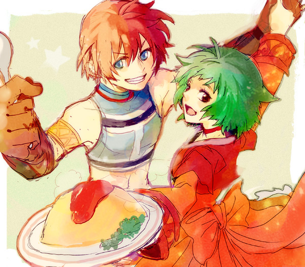 koku 666, farah oersted, reid hershel, tales of (series), tales of eternia, bad id, bad pixiv id, 00s, 1boy, 1girl, blue eyes, brown eyes, food, gloves, green hair, grin, ketchup, omelet, omurice, red hair, short hair, smile, spoon