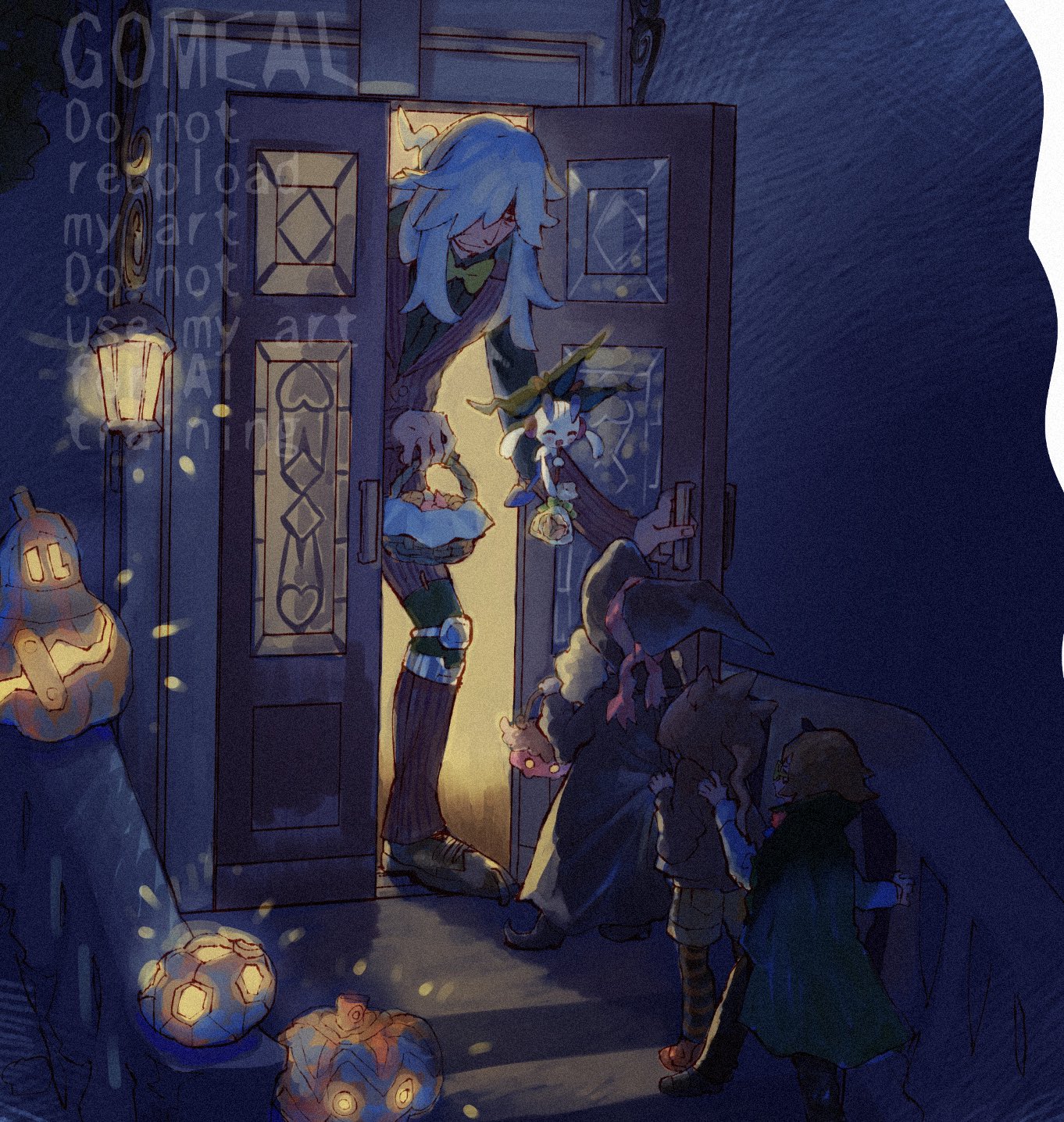 gogohan, az (pokemon), floette, floette (eternal), nintendo, pokemon, pokemon legends: z-a, character counter request, character request, commentary request, highres, 1boy, black hat, black robe, blue hair, bow, bowtie, brown shorts, cape, collared cape, dark, gen 6 pokemon, green cape, hat, jacket, long hair, long sleeves, opening door, orange pantyhose, pants, pantyhose, patchwork clothes, pinstripe jacket, pinstripe pattern, pokemon (creature), red jacket, red pants, robe, shorts, smile, striped clothes, striped pantyhose, trick-or-treating, watermark, witch hat, wizard, yellow bow, yellow bowtie