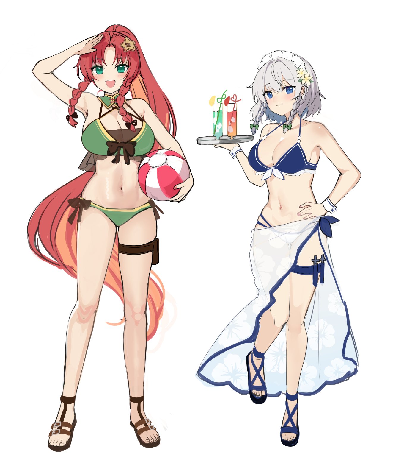 ruhika, hong meiling, izayoi sakuya, touhou, commentary request, highres, 2girls, ball, beachball, belt, bikini, blue bikini, blue eyes, braid, braided sidelocks, breasts, cocktail glass, cup, drinking glass, drinking straw, green bikini, green eyes, hair ornament, holding, holding ball, holding tray, long hair, looking at viewer, maid, maid bikini, maid headdress, multiple girls, navel, o-ring, o-ring top, open mouth, ponytail, red hair, sandals, sarong, short hair, side-tie bikini bottom, simple background, smile, star (symbol), star hair ornament, swimsuit, thigh belt, thigh strap, tray, unconventional maid, white background, white hair, white sarong, white wrist cuffs, wrist cuffs