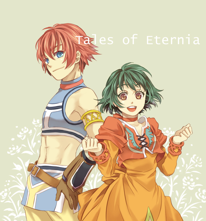 miho (mi), farah oersted, reid hershel, tales of (series), tales of eternia, 00s, 1boy, 1girl, blue eyes, brown eyes, copyright name, dress, gloves, green hair, orange dress, red hair, smile