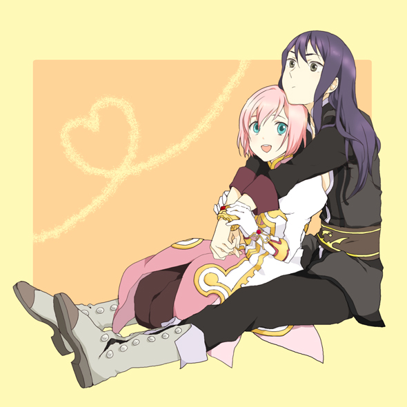 maruishi, estellise sidos heurassein, yuri lowell, tales of (series), tales of vesperia, grey footwear, bad id, bad pixiv id, 00s, 1boy, 1girl, black eyes, black hair, boots, bracelet, gloves, green eyes, heart, heart of string, hetero, hug, jewelry, knee boots, pink hair, smile