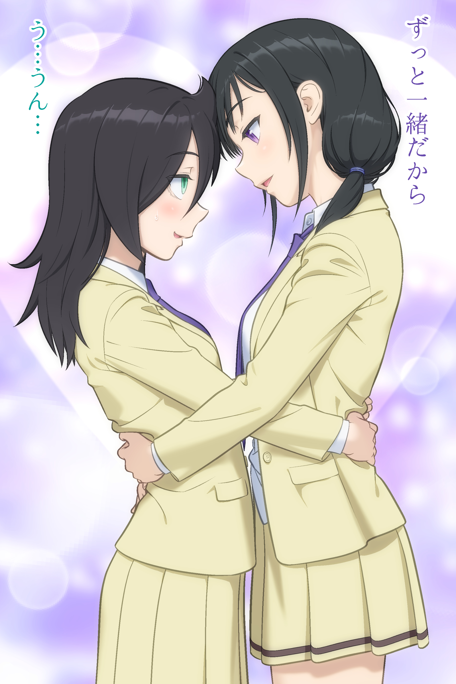 ichikawa masahiro, kuroki tomoko, tamura yuri, watashi ga motenai no wa dou kangaetemo omaera ga warui!, absurdres, check translation, highres, translation request, 2girls, bags under eyes, black hair, blazer, blush, facing another, green eyes, hug, jacket, long hair, low twintails, multiple girls, necktie, purple eyes, purple necktie, school uniform, skirt, smile, speech bubble, twintails, yellow skirt, yuri