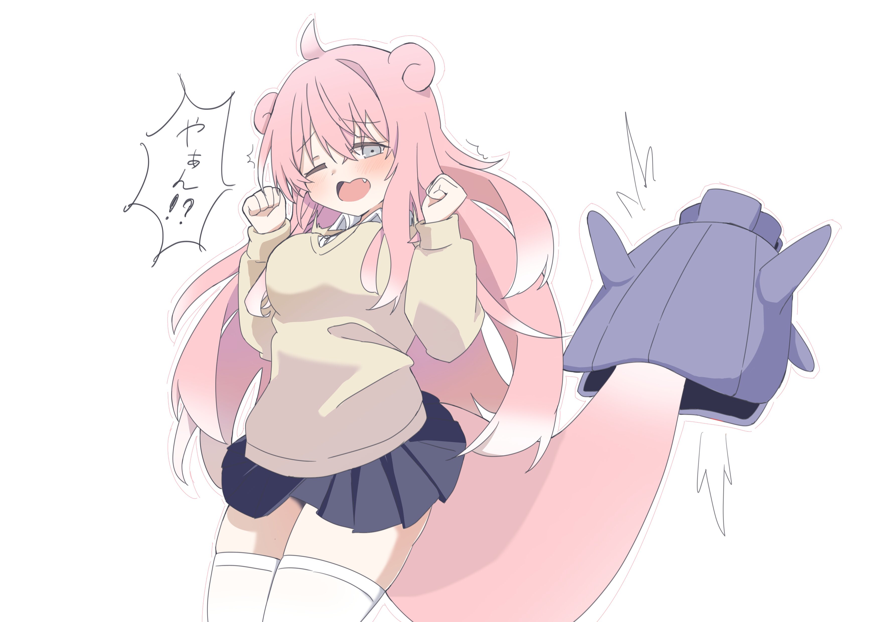 kokutoo (kanmiya), shellder, slowpoke, nintendo, pokemon, absurdres, commentary request, highres, 1girl, ahoge, biting another's tail, black skirt, blush, borrowed design, breasts, clenched hands, collared shirt, colored tips, cowboy shot, fang, gen 1 pokemon, gradient hair, grey eyes, gyaru, gyaru slowpoke (shin no tenpii), kogal, large breasts, long hair, long sleeves, miniskirt, multicolored hair, one eye closed, open mouth, personification, pink hair, pleated skirt, pokemon (creature), pokemon tail, raised inner eyebrows, shirt, single hair intake, skirt, sweater, tail, thighhighs, very long hair, white hair, white shirt, white thighhighs, yellow sweater, zettai ryouiki