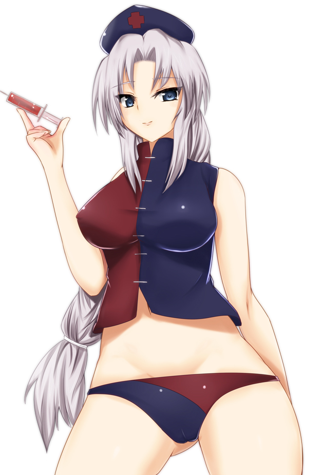 tipo (tipoplaza), yagokoro eirin, touhou, silver hair, 1girl, blue eyes, female focus, hat, long hair, long sidelocks, low-tied long hair, nurse, panties, sidelocks, solo, syringe, underwear