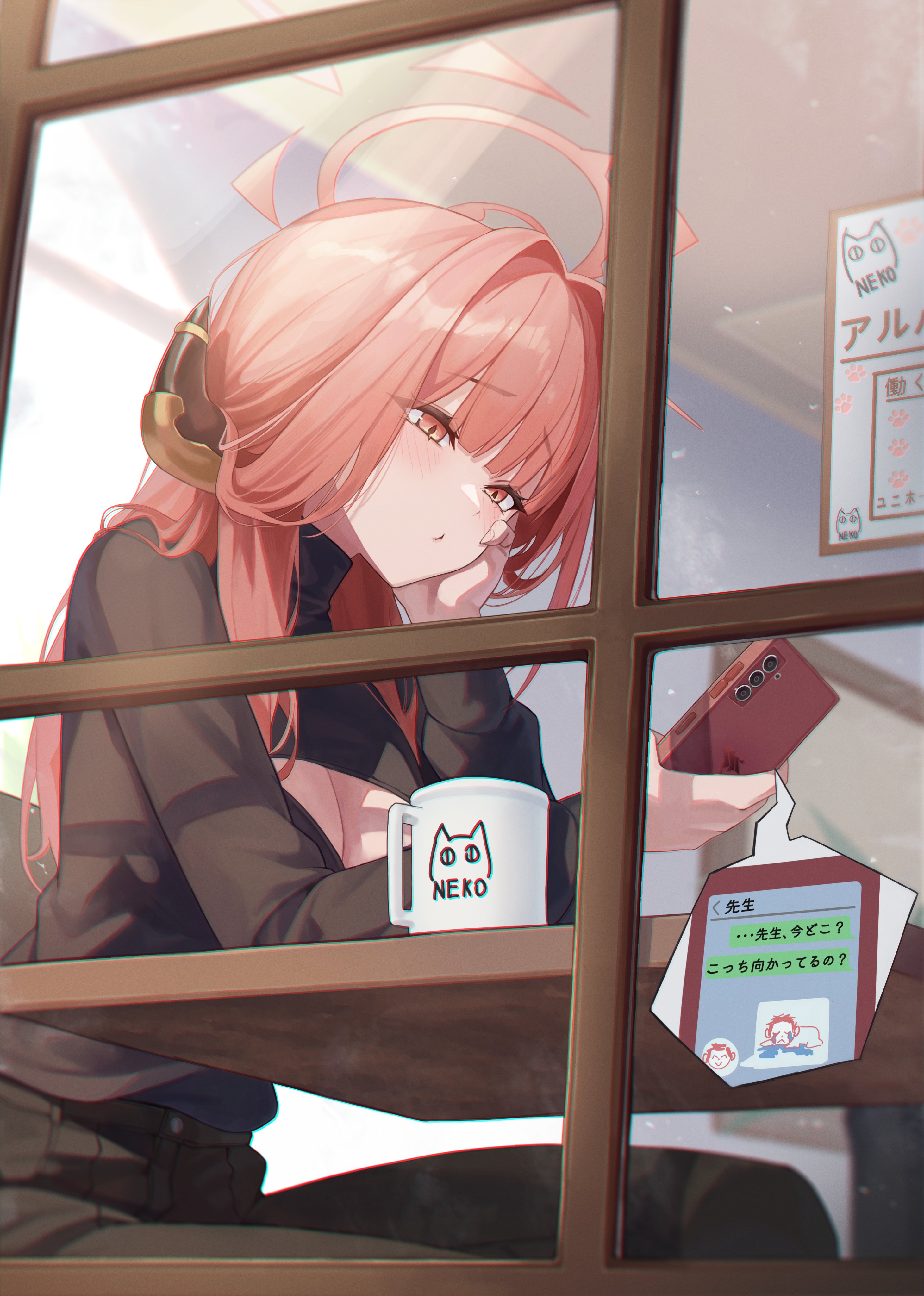jw (wrdawrda), aru (blue archive), blue archive, absurdres, commentary, highres, translated, 1girl, alternate costume, black pants, black shirt, blunt bangs, blush, breasts, casual, cellphone, character print, cleavage, cleavage cutout, closed mouth, clothing cutout, cowboy shot, cup, demon horns, doodle inset, eyes visible through hair, from outside, hair intakes, hair over shoulder, halo, hand on own cheek, hand on own face, holding, holding cup, holding phone, horns, korean text, large breasts, leaning forward, long hair, long sleeves, looking at phone, pants, phone, pink eyes, pink hair, pink halo, shirt, sitting, smartphone, solo, speech bubble, turtleneck, window