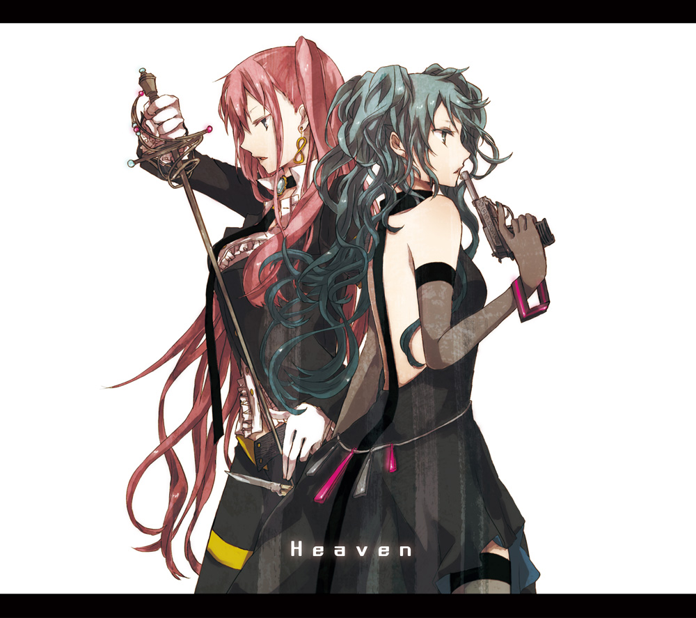 buzz (moi), hatsune miku, megurine luka, rondo of the sun and moon (vocaloid), vocaloid, 2girls, blue hair, dress, elbow gloves, gloves, gun, letterboxed, long hair, multiple girls, pink hair, rapier, sword, thighhighs, weapon