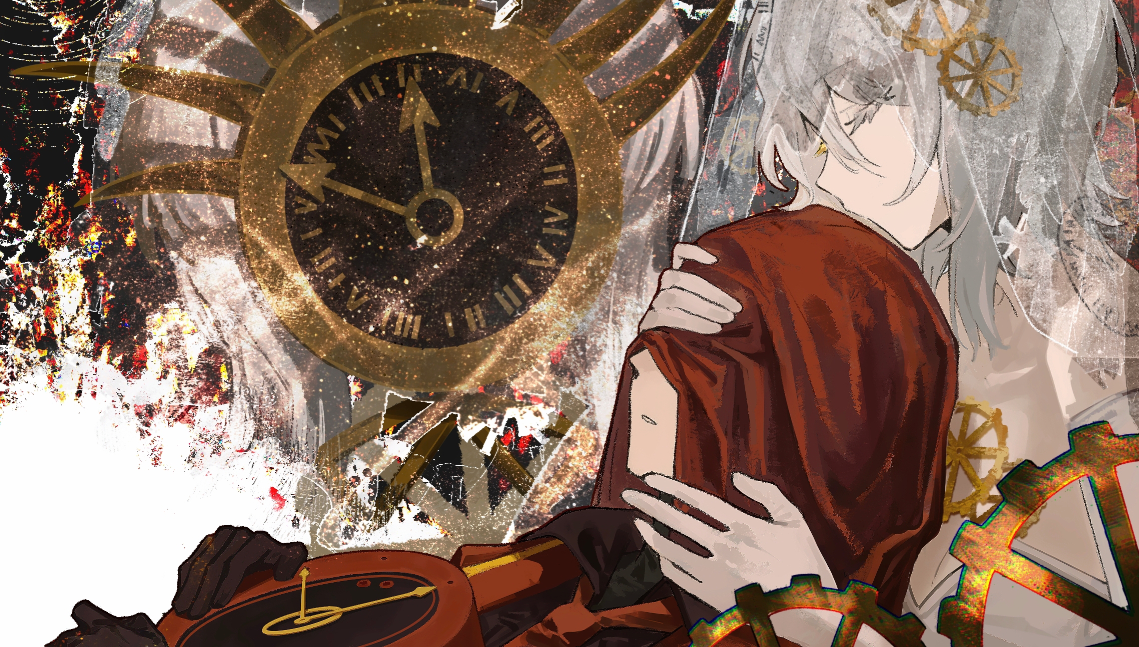 ivy (675671), dante (limbus company), faust (project moon), limbus company, project moon, chinese commentary, commentary request, highres, 1girl, 1other, black shirt, clock, closed eyes, coat, collared shirt, dated commentary, e.g.o (project moon), everlasting (e.g.o), hand over another's eyes, holding clock, kissing head, necktie, object head, open mouth, red coat, red necktie, red veil, shirt, short hair, time duck, veil, white hair