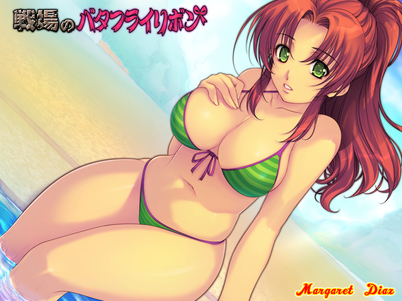 yoko juusuke, original, 1girl, bikini, breasts, brown hair, curvy, dutch angle, female focus, green bikini, green eyes, hair intakes, high ponytail, hip focus, large breasts, long hair, ponytail, pool, poolside, red hair, solo, striped bikini, striped clothes, submerged, swimsuit, wide hips