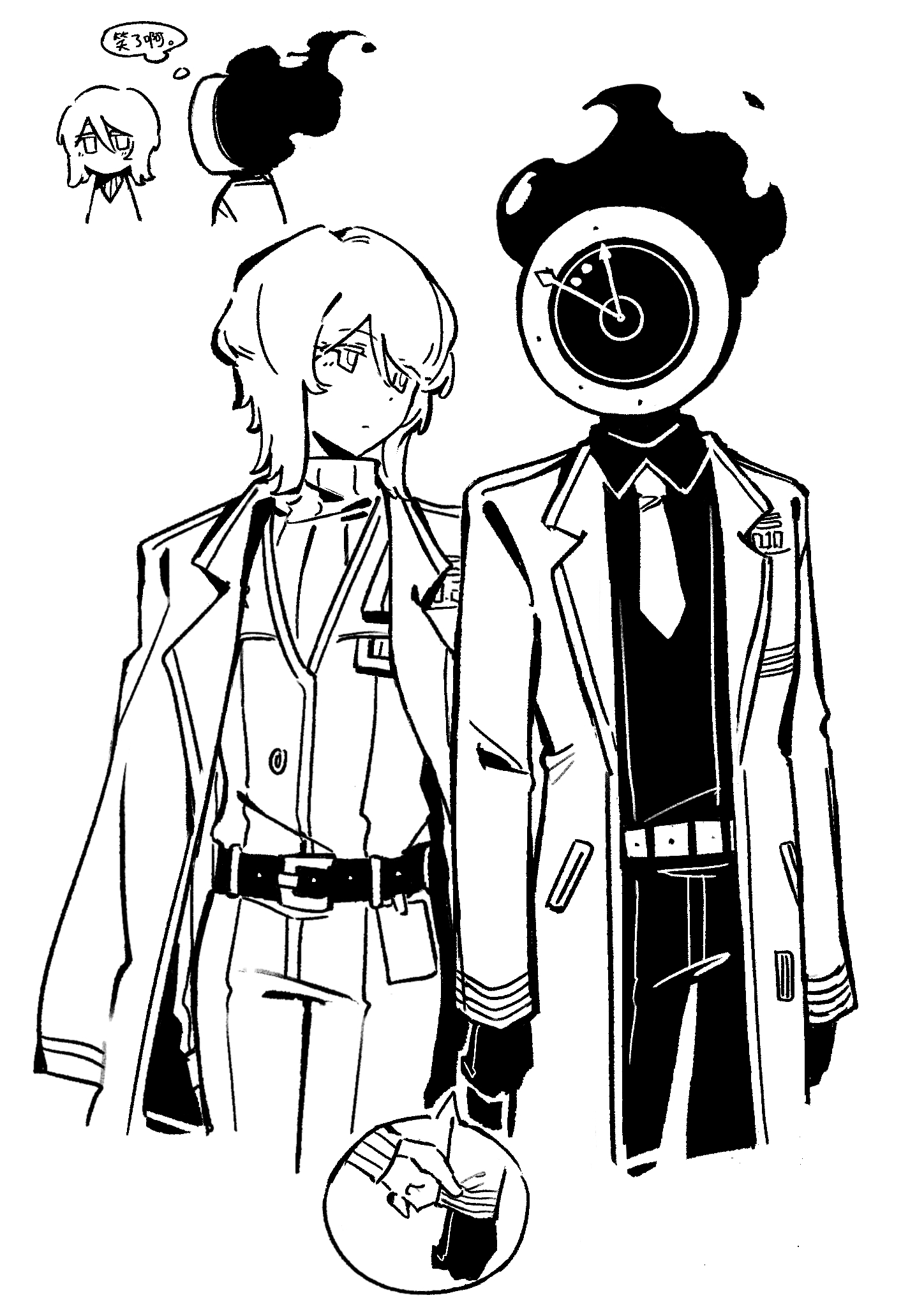 ivy (675671), dante (limbus company), faust (project moon), limbus company, project moon, chinese commentary, commentary request, highres, translation request, 1girl, 1other, belt, chinese text, coat, collared shirt, cowboy shot, dated commentary, flaming head, greyscale, lapels, long sleeves, monochrome, necktie, notched lapels, object head, pants, shirt, speech bubble, thought bubble, vest