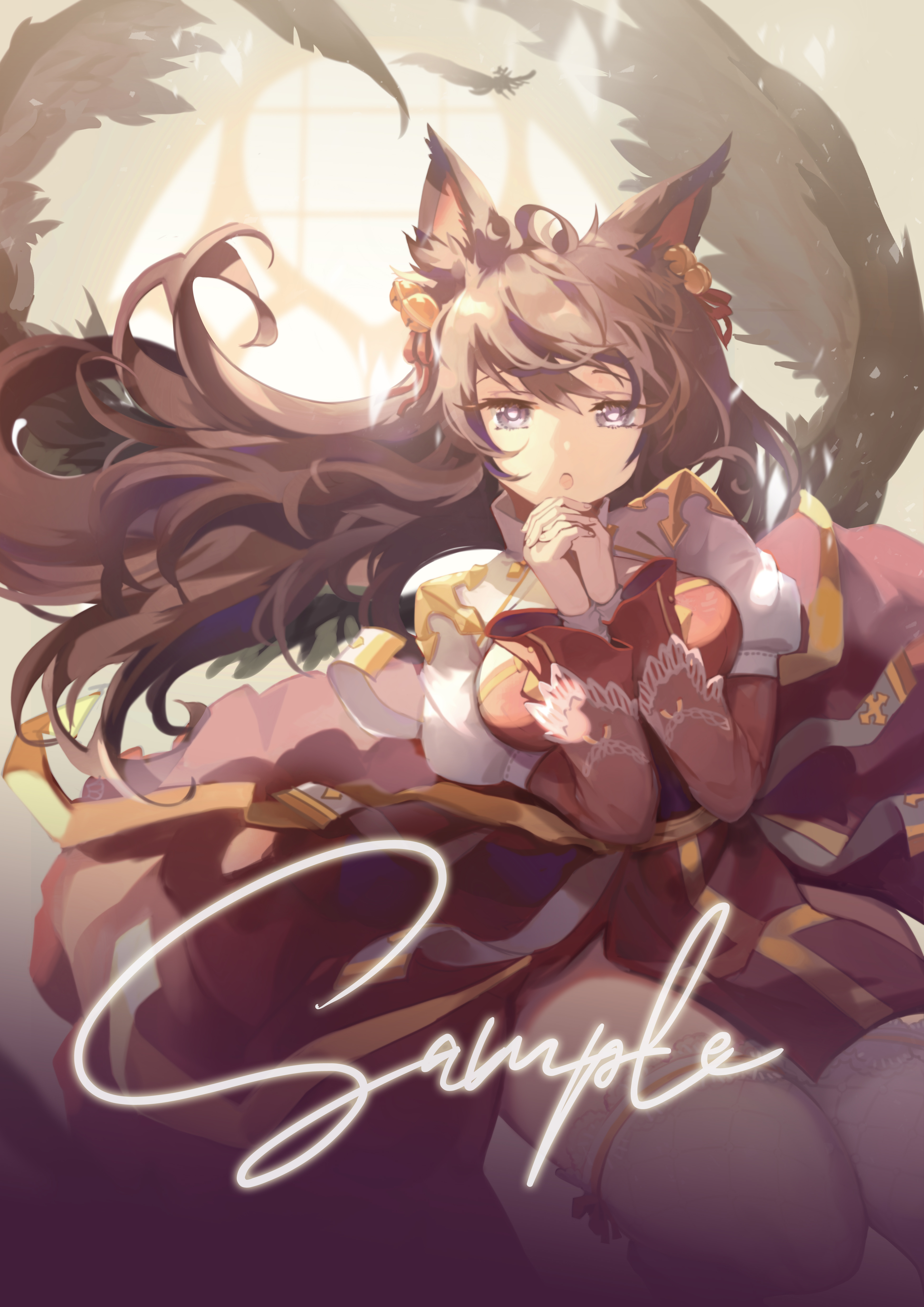 dollyly21, arch bishop (ragnarok online), ragnarok online, absurdres, chinese commentary, commentary request, highres, 1girl, animal ears, bell, black wings, breasts, brown dress, brown hair, cleavage cutout, clothing cutout, cross, dress, feathered wings, floating hair, fox ears, fox girl, fox tail, full body, hair bell, hair ornament, interlocked fingers, jingle bell, juliet sleeves, large breasts, long hair, long sleeves, looking at viewer, open mouth, own hands together, puffy sleeves, purple eyes, sample watermark, sash, solo, tail, thighhighs, two-tone dress, watermark, white dress, white thighhighs, window, wings, yellow sash