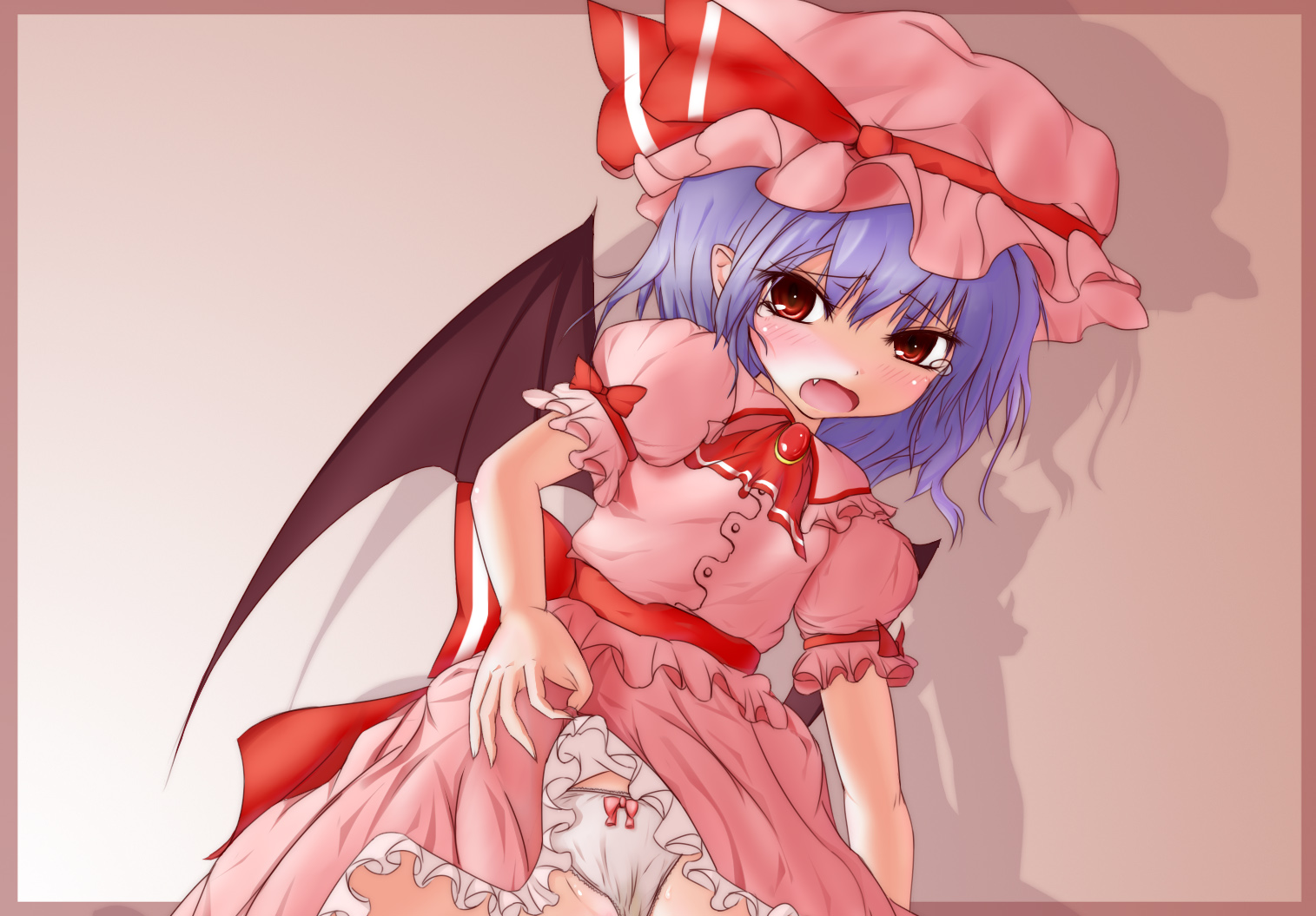 remilia scarlet, touhou, 1girl, bad anatomy, bad hands, blue hair, blush, clothes lift, dress, dress lift, fang, female focus, gradient background, panties, poorly drawn, red eyes, short hair, skirt, skirt lift, skirt set, solo, tears, underwear, wings