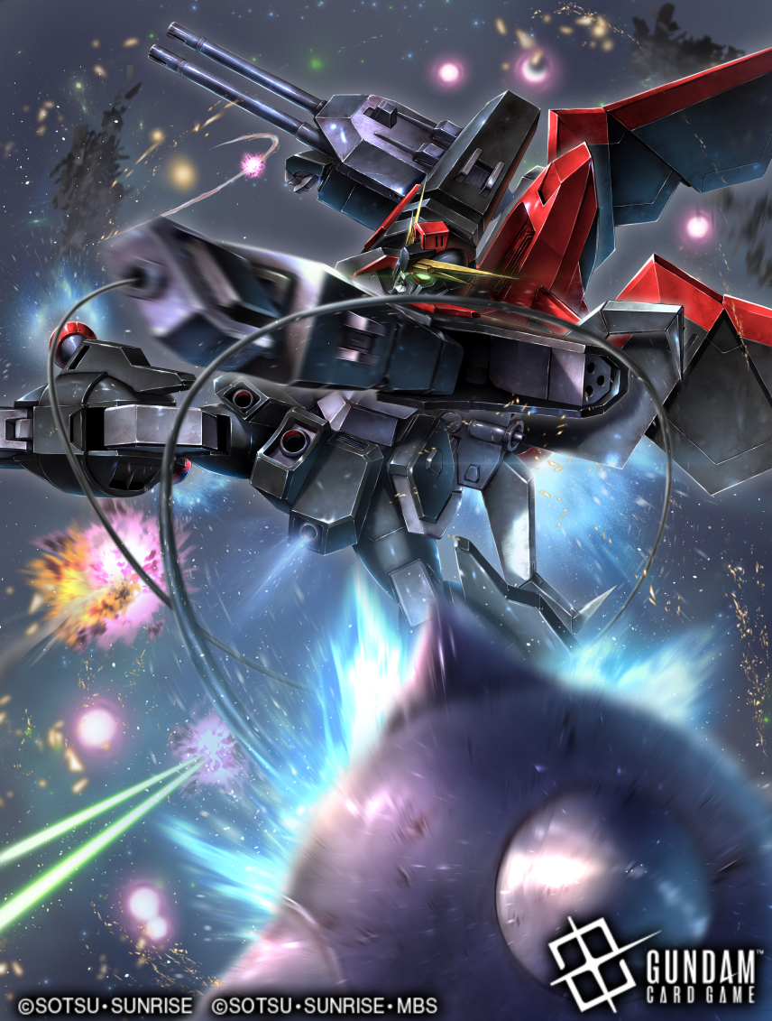 soezy, raider gundam, gundam, gundam card game, gundam seed, official art, arm mounted weapon, ball and chain (weapon), card (medium), copyright logo, copyright name, copyright notice, logo, mecha, mobile suit, no humans, robot, spike ball, v-fin, weapon