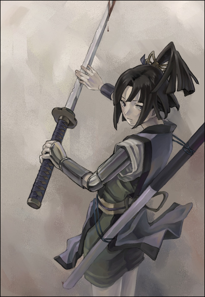 metalinu, mori ranmaru (sengoku musou), sengoku musou, sengoku musou 2, 1boy, armor, black hair, blood, katana, looking back, male focus, ootachi, ponytail, solo, sword, weapon