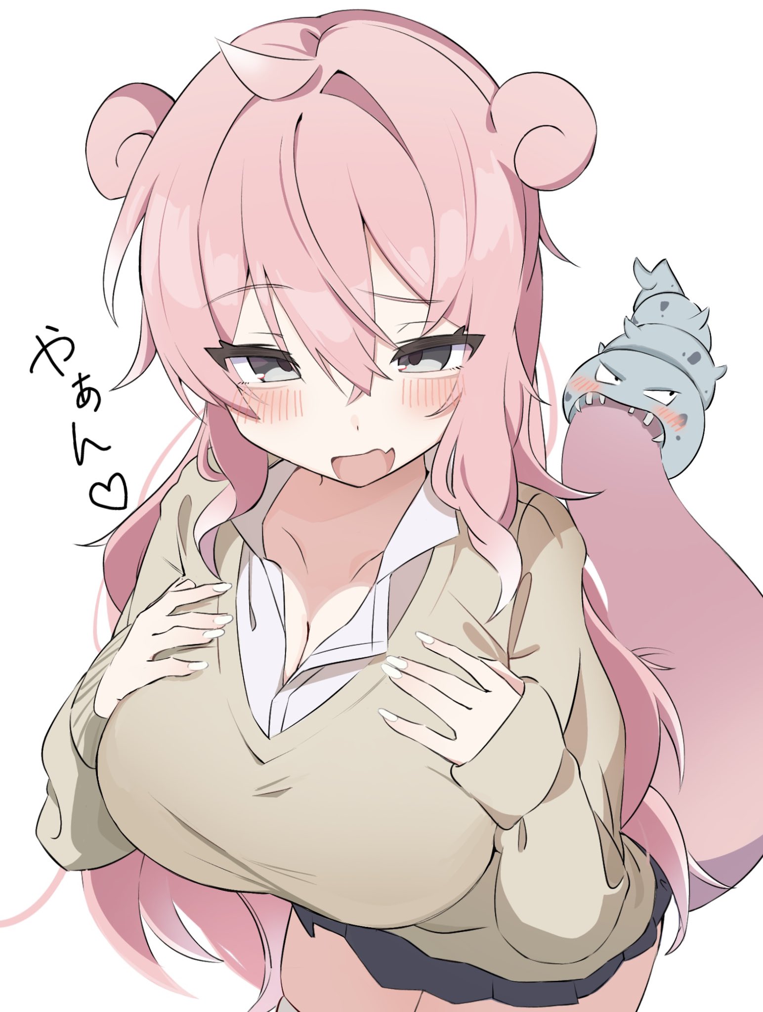 panda060, slowbro, nintendo, pokemon, commentary request, highres, 1girl, ahoge, alternate breast size (larger), biting another's tail, black skirt, borrowed design, breast suppress, breasts, brown sweater, cleavage, collarbone, collared shirt, fang, gen 1 pokemon, grey eyes, gyaru, gyaru slowpoke (shin no tenpii), hair between eyes, heart, huge breasts, kogal, leaning forward, long hair, looking at viewer, miniskirt, personification, pink hair, pleated skirt, pokemon tail, raised eyebrow, shirt, single hair intake, skin fang, skirt, sleeves past wrists, spoken heart, sweater, tail, thighhighs, very long hair, white shirt, white thighhighs, zettai ryouiki