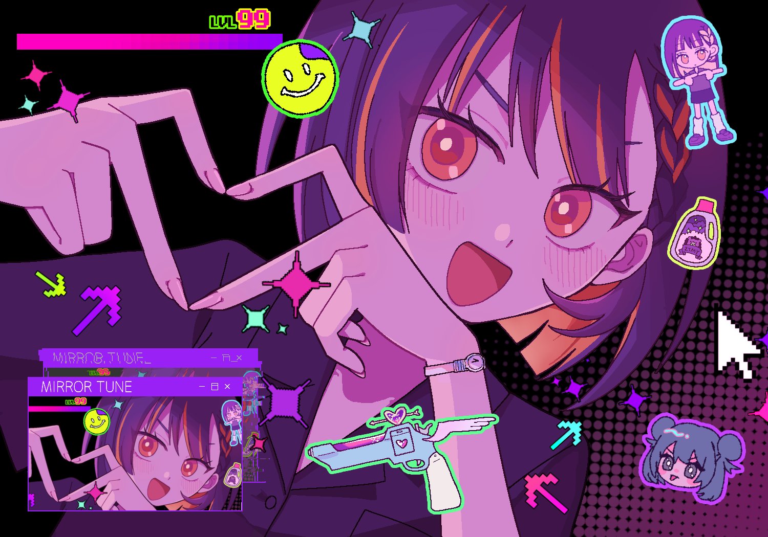 iworuru, nira-chan, nira-chan (mirror tune) (zutomayo), mirror tune (zutomayo), zutto mayonaka de ii no ni, 2girls, :p, arrow (symbol), ben-day dots, blue hair, blunt bangs, chibi, chibi inset, choucho (myon/tokipi), colored inner hair, cursor, cute weapon, eyes visible through hair, fingernails, four-finger heart hands, grey shirt, gun, heart, heart hands, multicolored hair, multiple girls, open mouth, orange eyes, orange hair, purple hair, screentones, shirt, short hair, smiley face, solo focus, song name, streaked hair, tongue, tongue out, v-shaped eyebrows, watch, weapon, window (computing), wristwatch