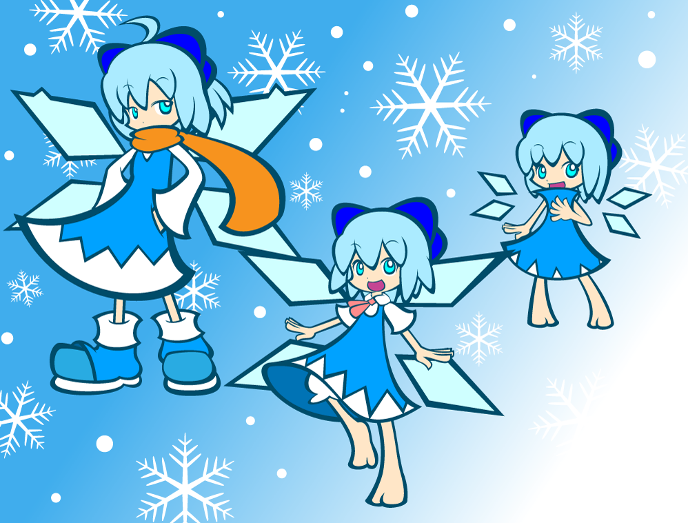 y&k, cirno, cirno-nee, madou monogatari, perfect cherry blossom, puyopuyo, puyopuyo fever, touhou, 1girl, barefoot, blue eyes, blue hair, boots, flat color, parody, scarf, snowflakes, style parody, wings
