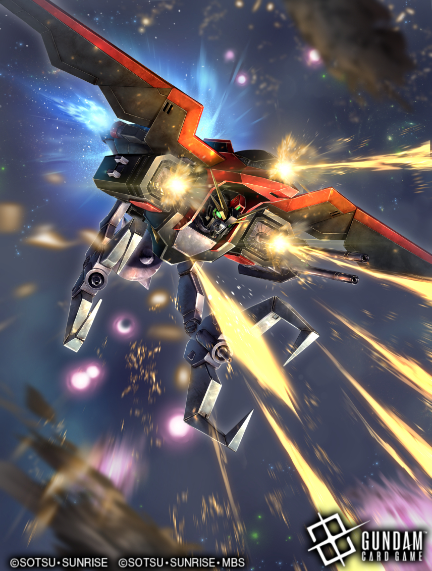 soezy, raider gundam, gundam, gundam card game, gundam seed, official art, card (medium), copyright logo, copyright name, copyright notice, logo, mecha, mobile armor, mobile suit, no humans, robot, v-fin