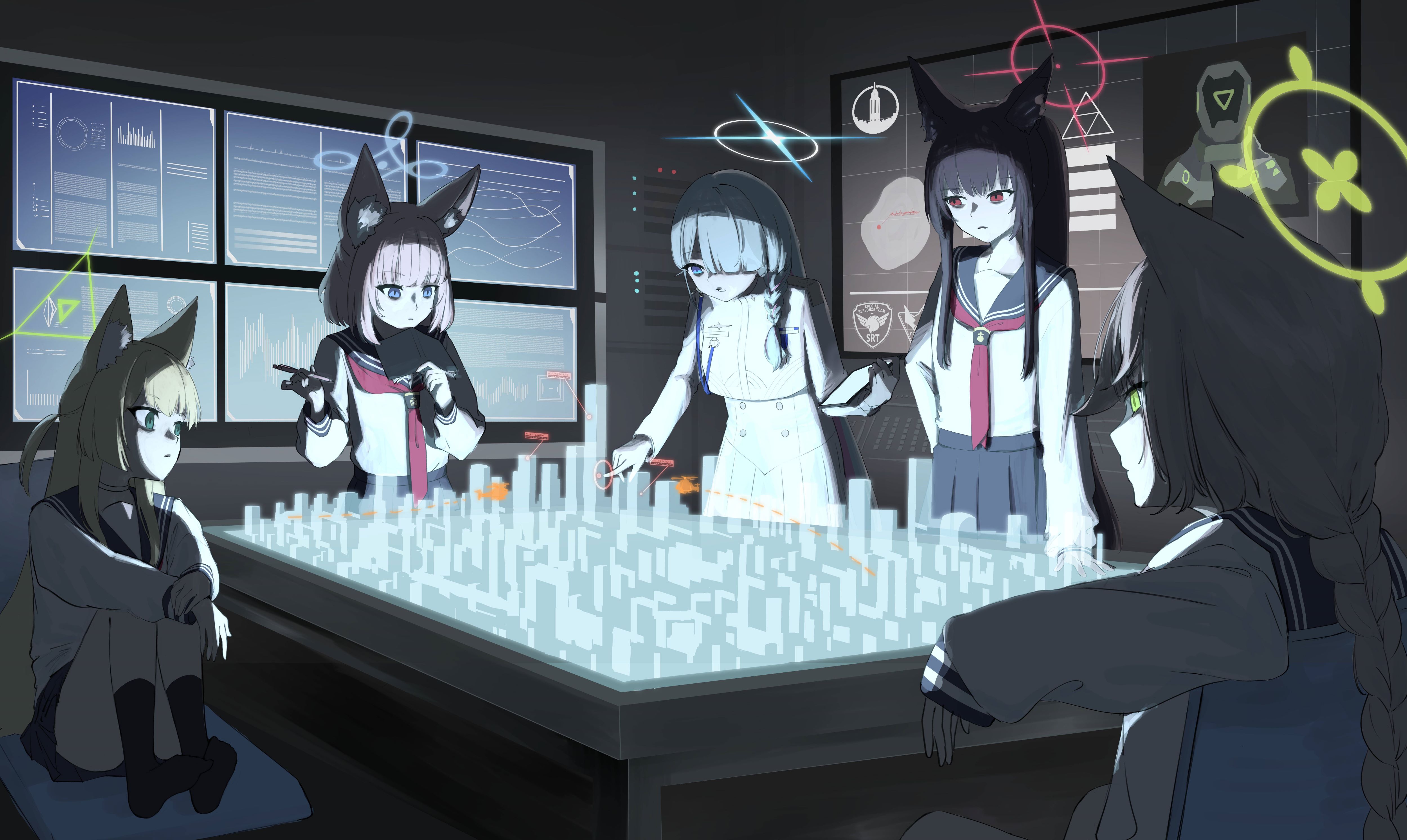 sueoki makura, general student council president (blue archive), kaiser pmc robot mercenary (blue archive), kurumi (blue archive), niko (blue archive), otogi (blue archive), yukino (blue archive), blue archive, absurdres, highres, 5girls, animal ear fluff, animal ears, black hair, black sailor collar, blue eyes, blue hair, blue halo, book, braid, colored inner hair, fox ears, fox girl, fox platoon (blue archive), green halo, hair over one eye, halo, holding, holding book, hologram, indoors, logo, long hair, long sleeves, looking at object, multicolored hair, multiple girls, neckerchief, pen, pink hair, red eyes, red halo, red neckerchief, sailor collar, school uniform, serafuku, shirt, short hair, sitting, skirt, standing, triangle halo, very long hair, white skirt