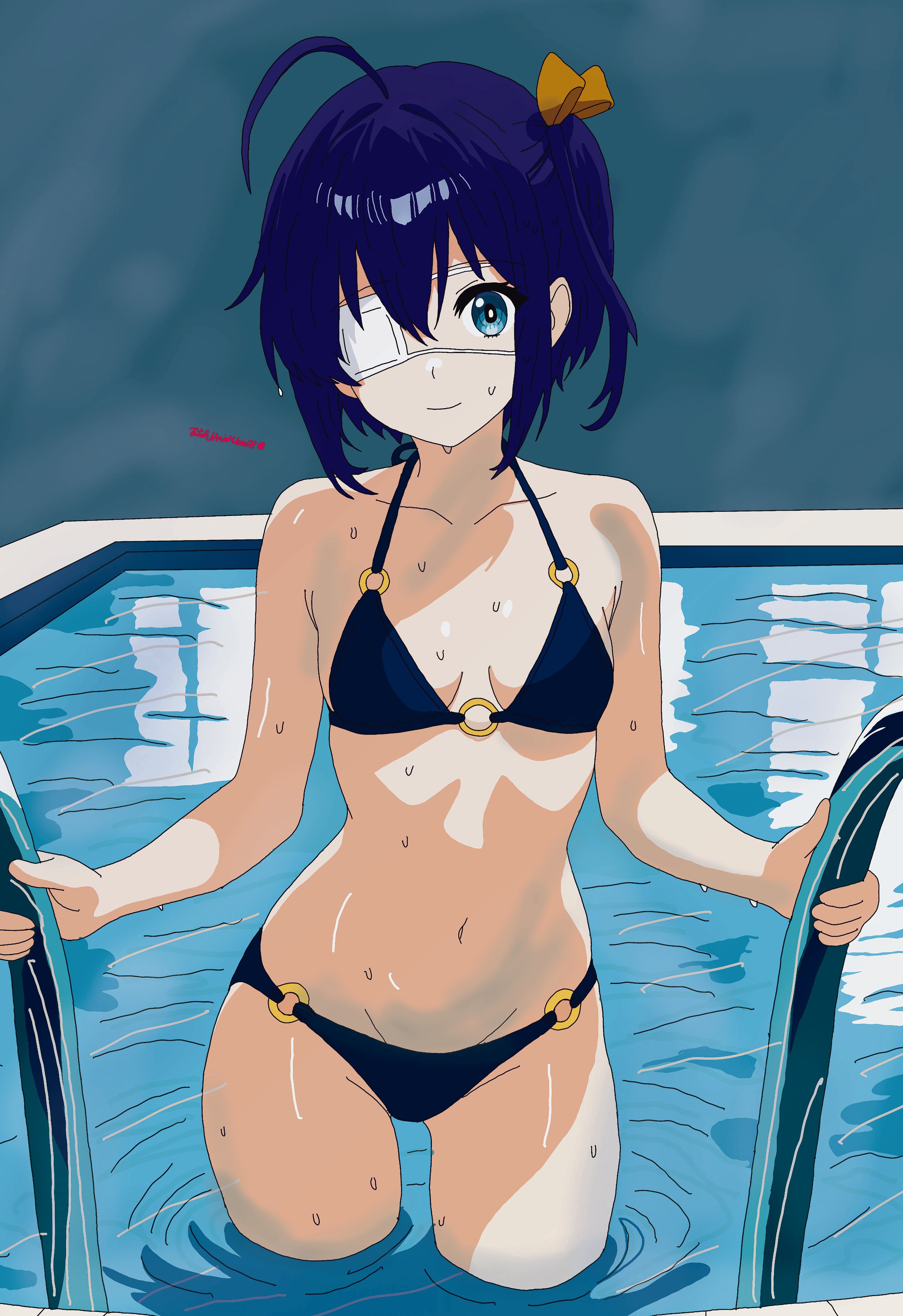totalmajorweeb, takanashi rikka, chuunibyou demo koi ga shitai!, absurdres, highres, 1girl, ahoge, bikini, black bikini, black hair, breasts, eyepatch, green background, green eyes, groin, looking at viewer, medical eyepatch, one side up, short hair, small breasts, smile, solo, swimsuit, water