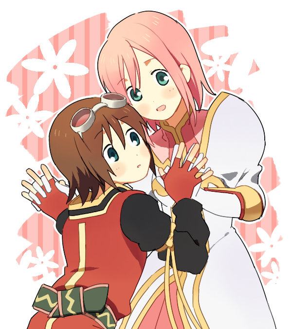 estellise sidos heurassein, rita mordio, tales of (series), tales of vesperia, 00s, 2girls, blue eyes, blush, bob cut, brown hair, fingerless gloves, gloves, goggles, goggles on head, green eyes, interlocked fingers, looking at viewer, multiple girls, pink hair, short hair, smile