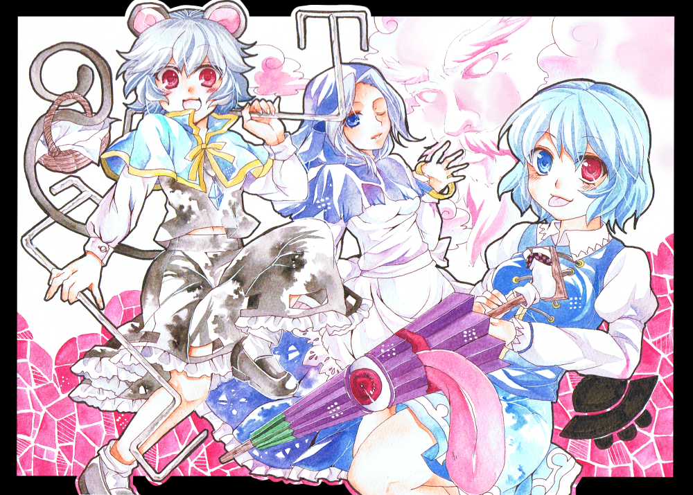n-mix, kumoi ichirin, nazrin, tatara kogasa, unzan, touhou, 3girls, :p, animal ears, basket, blue eyes, blue hair, bracelet, cloud, grey hair, heterochromia, hood, jewelry, karakasa obake, mouse ears, mouse tail, multiple girls, pendant, red eyes, ring, short hair, tail, tongue, tongue out, umbrella