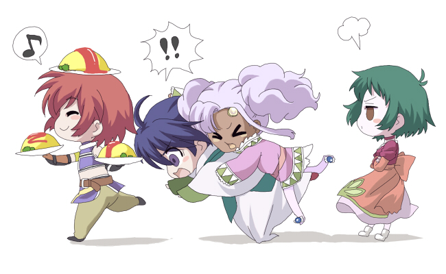 shima (159265), farah oersted, keele zeibel, meredy (tales), reid hershel, tales of (series), tales of eternia, fume, 00s, 2boys, 2girls, angry, blue eyes, blue hair, brown eyes, chibi, food, gloves, green hair, multiple boys, multiple girls, musical note, purple hair, short hair, smile, twintails