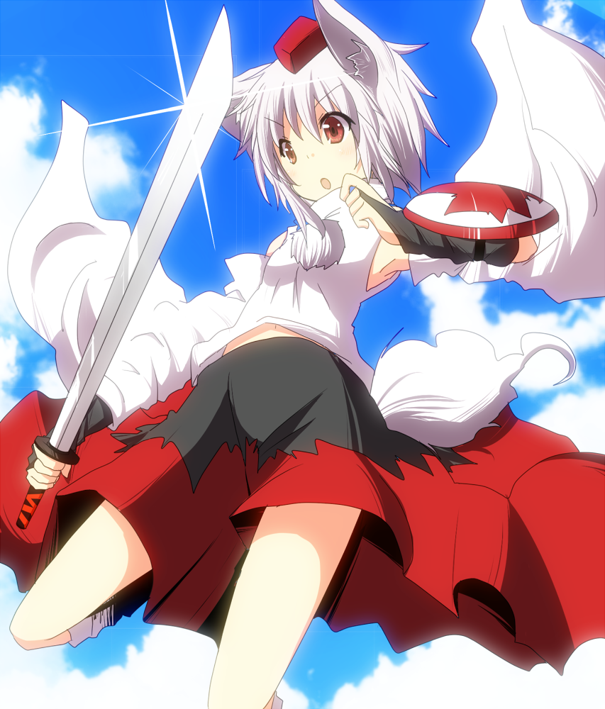 suna (sunaipu), sunaipu, inubashiri momiji, touhou, 1girl, animal ears, detached sleeves, female focus, hat, red eyes, shield, solo, sword, tokin hat, weapon, white hair, wolf ears