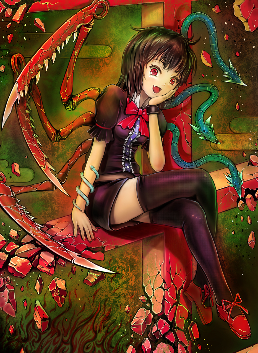 sai-go, houjuu nue, touhou, 1girl, black hair, black thighhighs, dress, fangs, female focus, red eyes, short hair, snake, solo, thighhighs, wings, zettai ryouiki