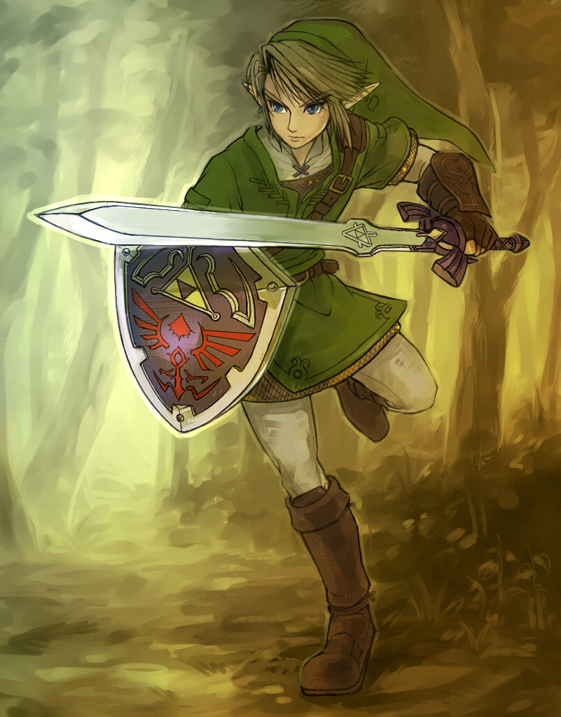 kutizusamu, link, nintendo, the legend of zelda, the legend of zelda: twilight princess, bad id, bad pixiv id, 1boy, blonde hair, blue eyes, earrings, forest, gloves, hat, hylian shield, jewelry, male focus, master sword, nature, pointy ears, shield, solo, sword, weapon