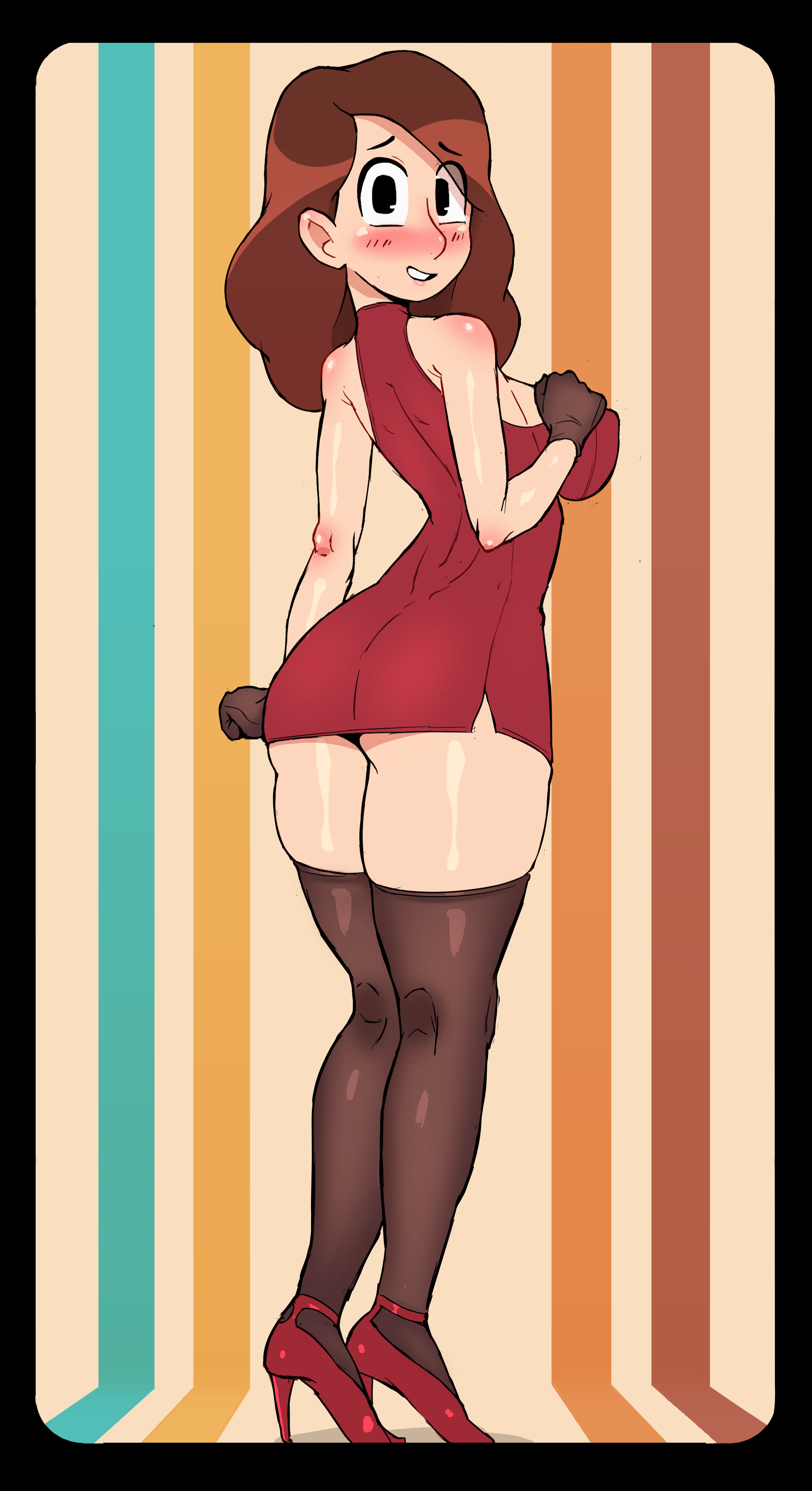 rukisan(pixiv), johanna (hilda), hilda (series), 1girl, ass, black eyes, black gloves, black thighhighs, blush, breasts, brown hair, covered erect nipples, dress, embarrassed, eyes visible through hair, from behind, gloves, high heels, large breasts, long hair, looking at viewer, looking back, mature female, nervous smile, red dress, red shoes, shoes, short dress, sleeveless, sleeveless dress, smile, standing, striped background, teeth, thick thighs, thighhighs, thighs