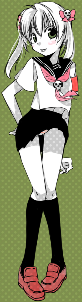 maka albarn, soul eater, long image, tall image, 00s, blonde hair, blush, green eyes, kneehighs, panties, ribbon, school uniform, skirt, skull, smile, socks, tongue, twintails, underwear