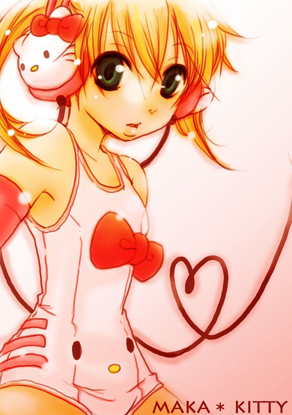 kitty, maka albarn, hello kitty, sanrio, soul eater, 00s, blonde hair, blush, bow, gloves, headphones, long hair, ribbon, school swimsuit, swimsuit, twintails