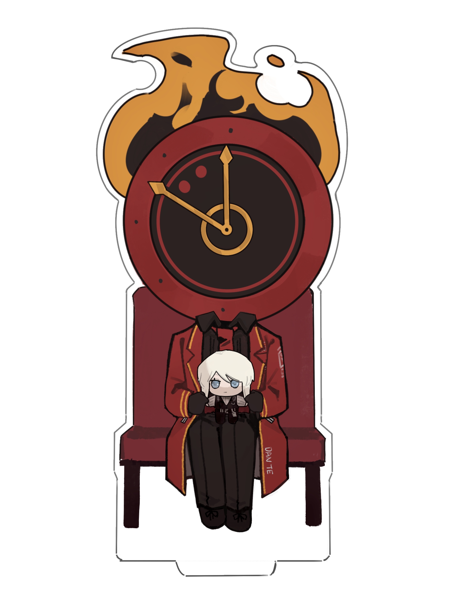 ivy (675671), dante (limbus company), faust (project moon), limbus company, project moon, chinese commentary, commentary request, highres, 1other, black gloves, black pants, black shirt, black shoes, chair, chibigurumi, clock, coat, collared shirt, dated commentary, fire, gloves, necktie, object head, pants, red coat, red necktie, shirt, shoes, simple background, sitting, solo, white background