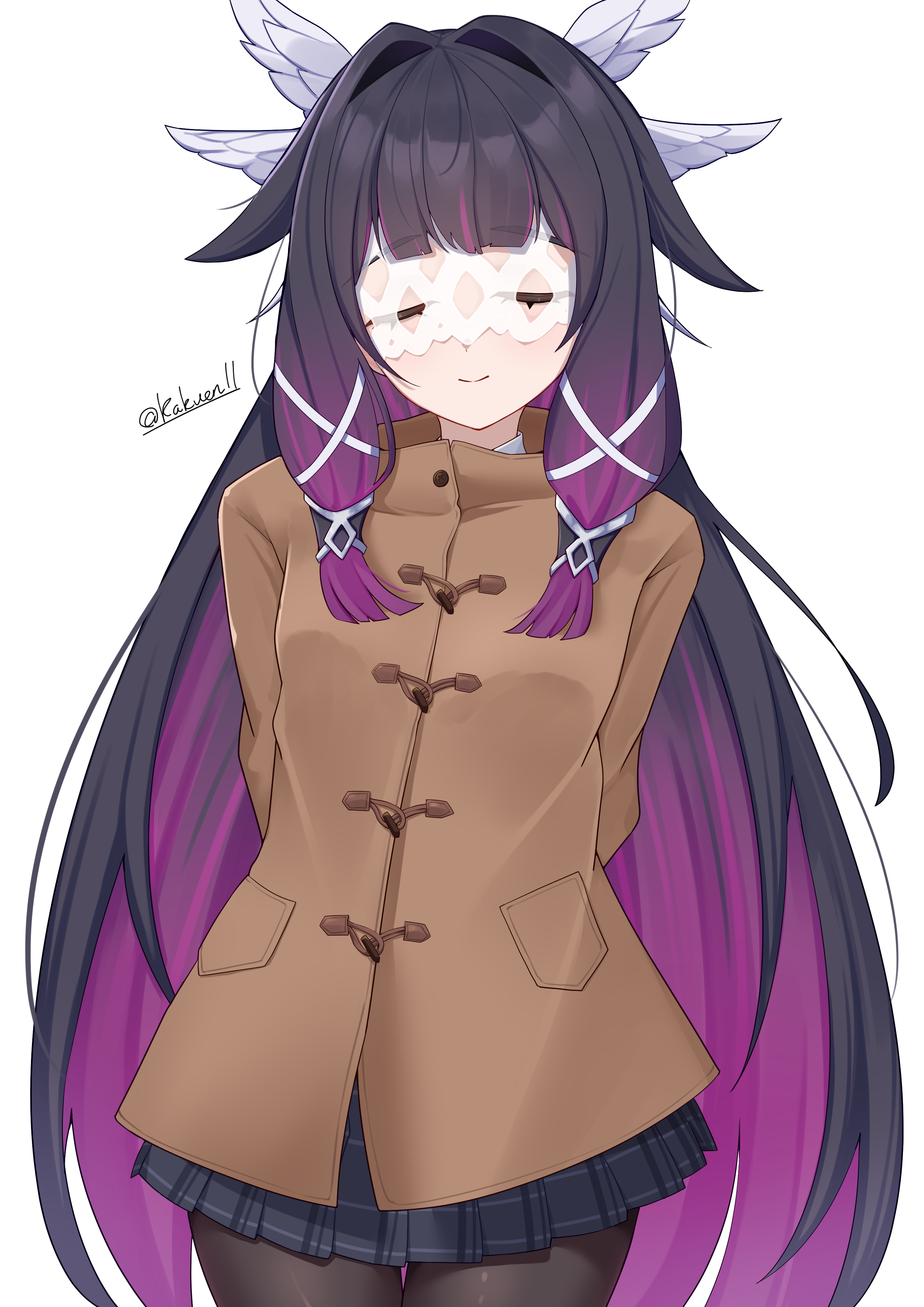kakuen11, columbina (genshin impact), genshin impact, absurdres, commentary, highres, 1girl, arms behind back, artist name, black hair, black pantyhose, black skirt, closed mouth, coat, cowboy shot, eye mask, facing viewer, hair ornament, long hair, long sleeves, mask, multicolored hair, pantyhose, plaid clothes, plaid skirt, pleated skirt, pocket, purple hair, skirt, smile, solo, two-tone hair, very long hair, wing hair ornament, winter clothes, x hair ornament