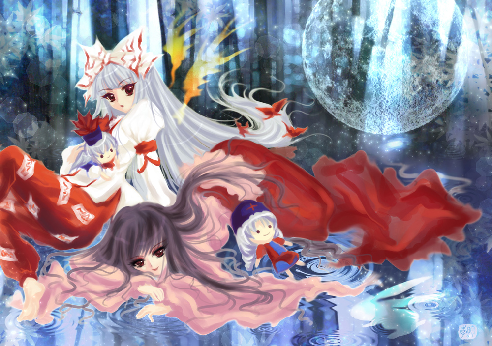 riyun (halodark), fujiwara no mokou, houraisan kaguya, kamishirasawa keine, yagokoro eirin, touhou, bad id, bad pixiv id, 4girls, chibi, female focus, moon, multiple girls