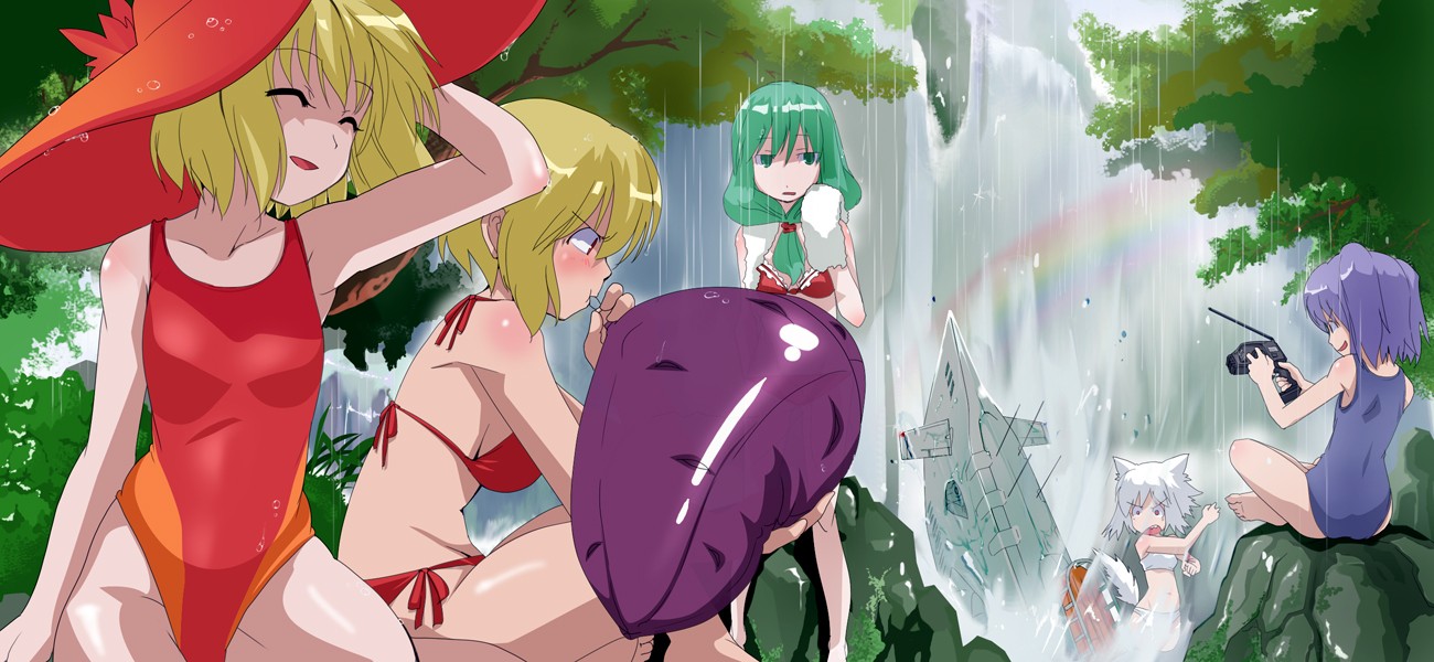 aasara, tosarayama, aki minoriko, aki shizuha, inubashiri momiji, kagiyama hina, kawashiro nitori, mountain of faith, touhou, long image, wide image, 5girls, animal ears, bikini, blonde hair, blue hair, controller, female focus, green hair, hat, multiple girls, rainbow, remote control, short hair, submarine, swimsuit, water, watercraft, waterfall, wolf ears