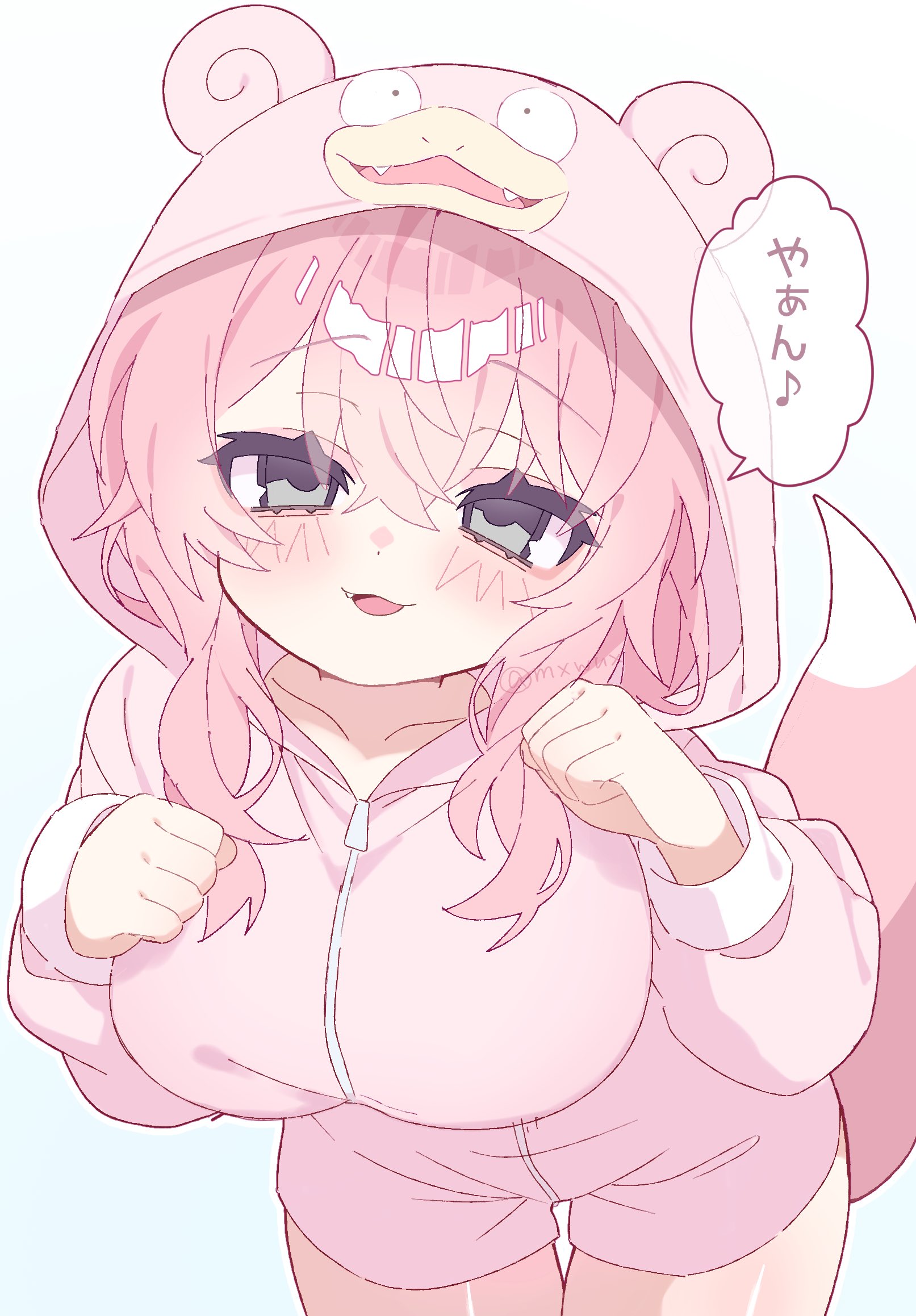 slowpoke, nintendo, pokemon, commentary request, highres, 1girl, :3, :d, alternate costume, blush, borrowed design, breasts, collarbone, cowboy shot, fang, gen 1 pokemon, grey eyes, gyaru slowpoke (shin no tenpii), hood, hood up, hooded jumpsuit, jumpsuit, large breasts, long hair, looking at viewer, mxwux, open mouth, paw pose, personification, pink hair, pink jumpsuit, pokemon tail, simple background, smile, solo, tail, white background