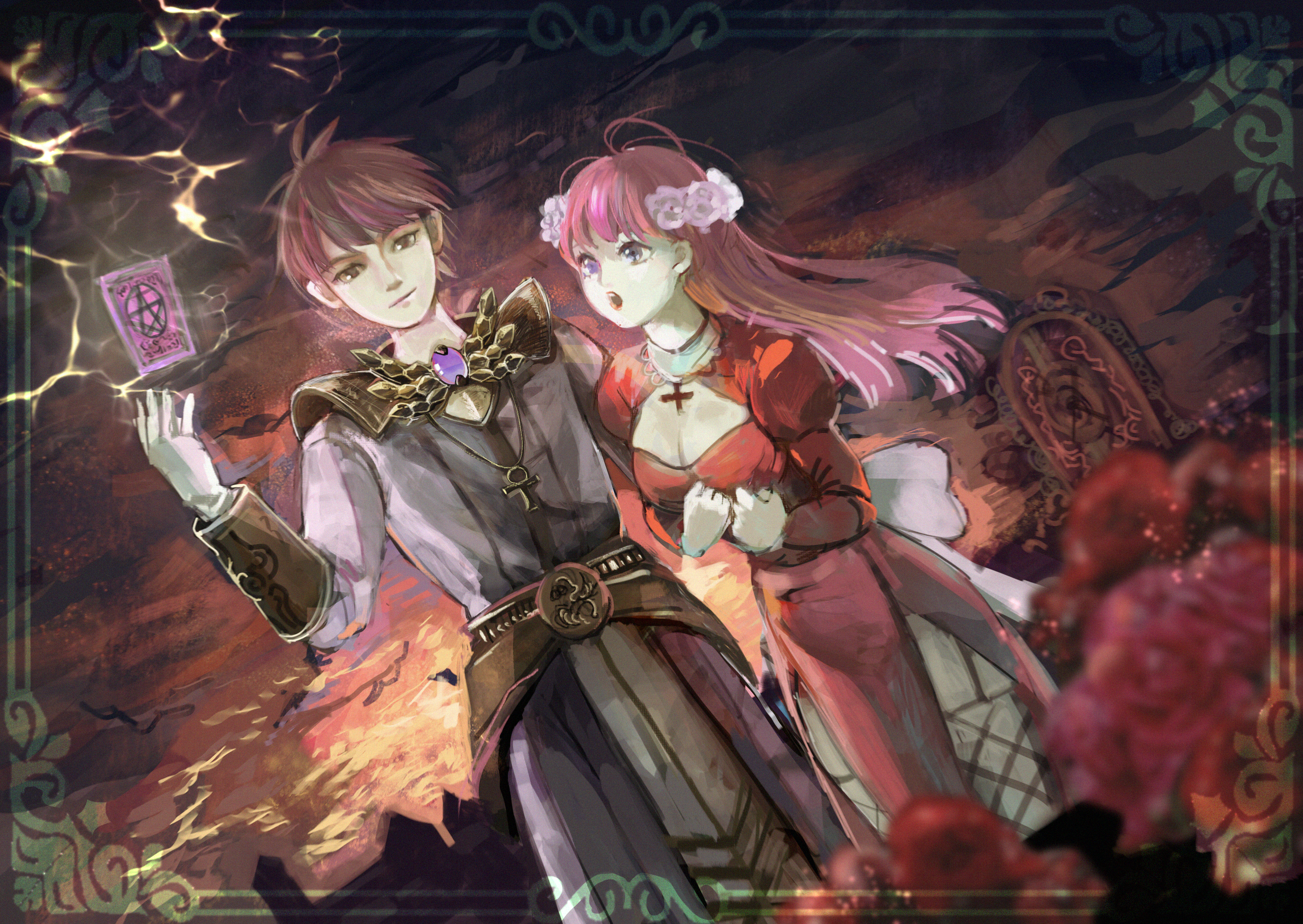 high priest (ragnarok online), high wizard (ragnarok online), ragnarok online, absurdres, chinese commentary, commentary request, highres, 1boy, 1girl, adapted costume, back bow, belt, black thighhighs, bow, breasts, brown belt, brown eyes, cleavage, coat, cowboy shot, cross, cross necklace, dress, dutch angle, fishnet thighhighs, fishnets, flower, garter straps, grey coat, hair flower, hair ornament, jewelry, juliet sleeves, long hair, long sleeves, looking at another, looking at viewer, medium breasts, necklace, open mouth, orange skirt, pink hair, puffy sleeves, purple eyes, red dress, red flower, red rose, rose, short hair, skirt, thighhighs, white bow, white flower, yukio (kiki7777777kiki)