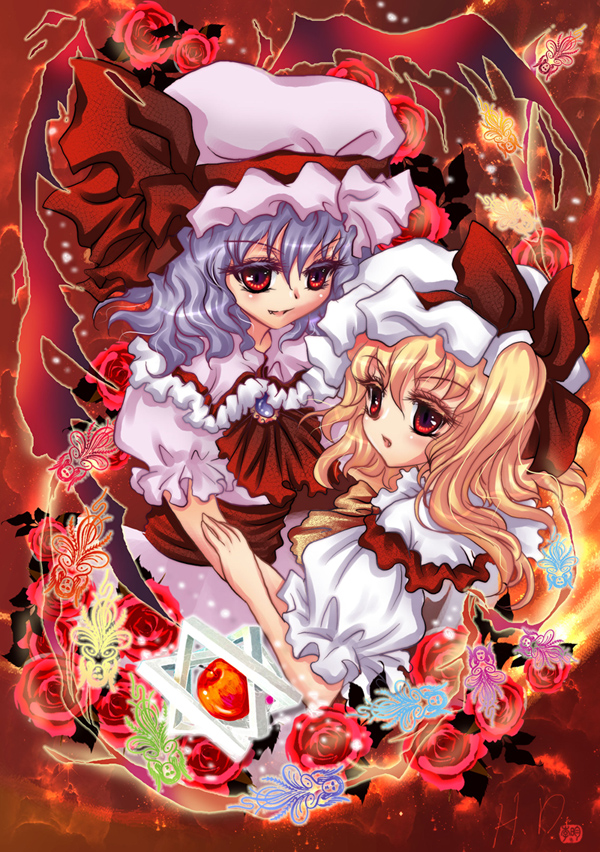 riyun (halodark), flandre scarlet, remilia scarlet, touhou, bad id, bad pixiv id, 2girls, blonde hair, blue hair, female focus, flower, hat, multiple girls, ponytail, red eyes, rose, short hair, siblings, side ponytail, sisters