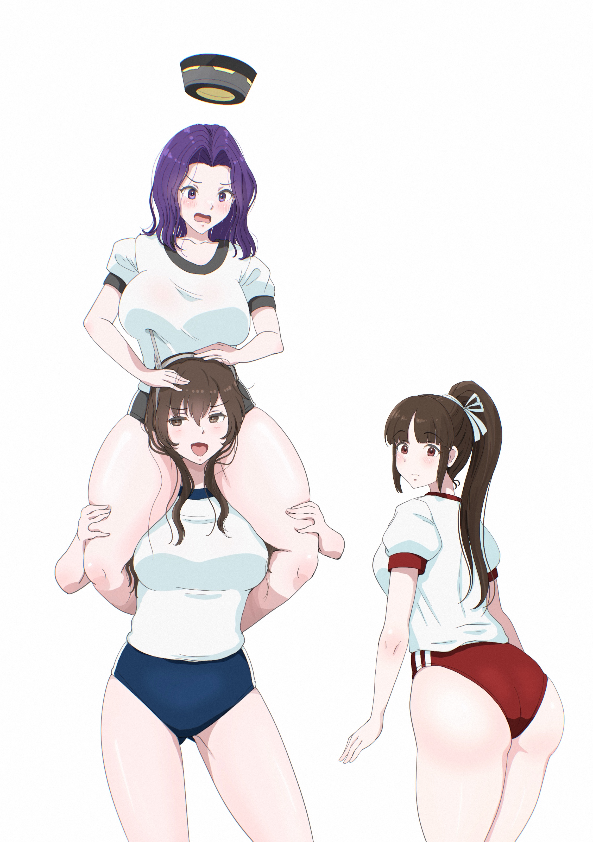 osage gankyou, ashigara (kancolle), hiyou (kancolle), tatsuta (kancolle), kantai collection, absurdres, highres, 3girls, ass, back, black hair, blush, breasts, brown eyes, brown hair, buruma, carrying, carrying person, gym uniform, hair ribbon, hairband, large breasts, long hair, looking back, multiple girls, ponytail, purple eyes, purple hair, red buruma, ribbon, short hair, shoulder carry, smile, white background