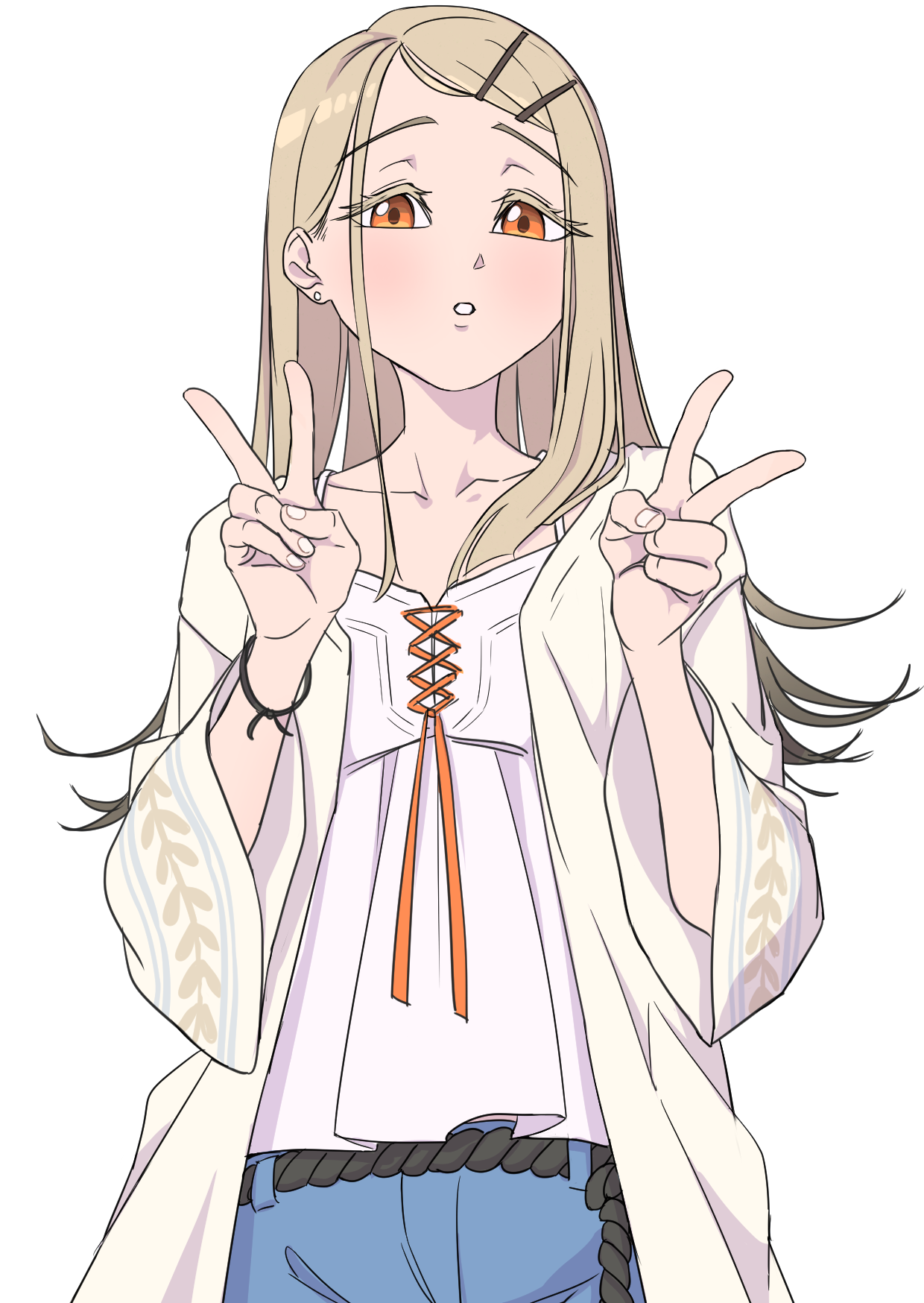 mefomefo, shinosawa hiro, gakuen idolmaster, idolmaster, commentary, highres, 1girl, :o, blonde hair, blush, bracelet, camisole, collarbone, colored eyelashes, colored tips, cross-laced clothes, denim, double v, earrings, friendship bracelet, hair behind ear, hair ornament, hairclip, jacket, jewelry, long hair, long sleeves, looking at viewer, multicolored hair, orange eyes, parted bangs, parted lips, raised inner eyebrows, rope belt, simple background, solo, stud earrings, tareme, upper body, v, white background, wide sleeves