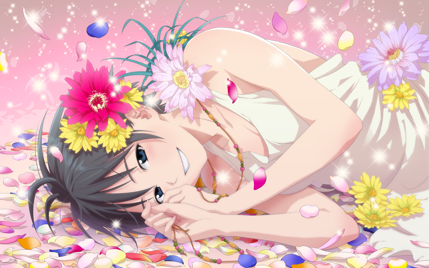 yachiwo, yasuchiki, kikuchi makoto, idolmaster, idolmaster (classic), 00s, 1girl, antenna hair, black hair, blue eyes, dress, female focus, flower, hair ornament, lying, petals, short hair, smile, solo, sundress