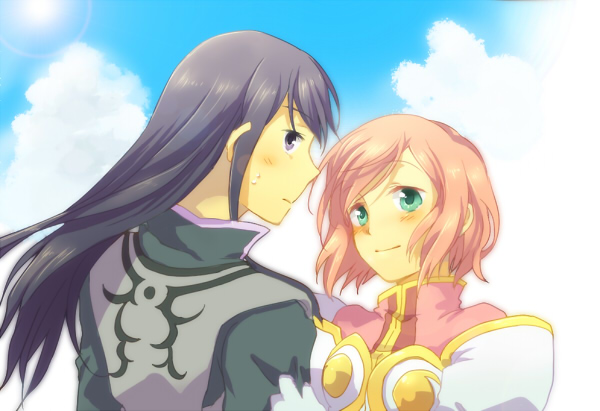 takana (nanao), estellise sidos heurassein, yuri lowell, tales of (series), tales of vesperia, grabbing, bad id, bad pixiv id, 00s, 1boy, 1girl, black eyes, black hair, gloves, green eyes, long hair, pink hair, short hair, smile