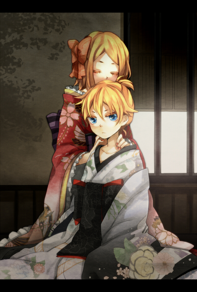 tama (songe), kagamine len, kagamine rin, vocaloid, hand on neck, traditional clothes, 1boy, 1girl, blonde hair, blue eyes, bow, brother and sister, closed eyes, hair bow, hair ribbon, japanese clothes, kimono, ribbon, siblings, trap, twins