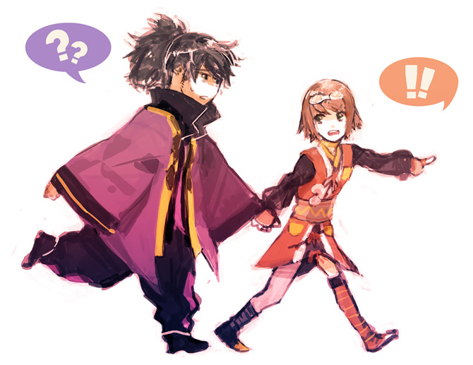 chiko (beroro), raven (tales), rita mordio, tales of (series), tales of vesperia, !, 00s, 1boy, 1girl, ?, black eyes, black hair, bob cut, brown eyes, brown hair, gloves, goggles, pantyhose, ponytail, short hair, single leg pantyhose, thighhighs