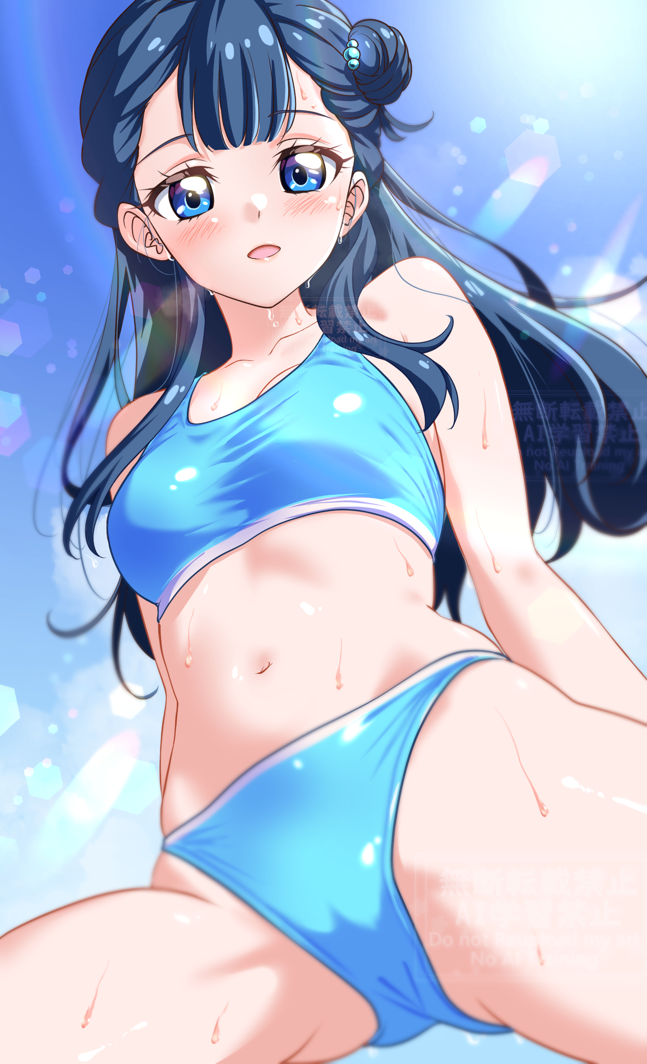 kakikakilemon, yakushiji saaya, hugtto! precure, precure, highres, 1girl, blue buruma, blue eyes, blue hair, blue sky, blue sports bra, blush, breasts, buruma, collarbone, day, hair bun, long hair, looking at viewer, navel, open mouth, outdoors, sky, small breasts, smile, solo, sports bra, sportswear, sweat