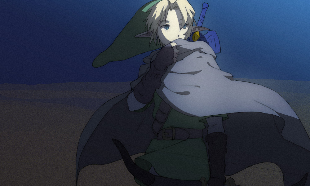 link, nintendo, the legend of zelda, 1boy, blonde hair, blue eyes, bow (weapon), cape, gloves, hat, male focus, master sword, pointy ears, solo, sword, weapon